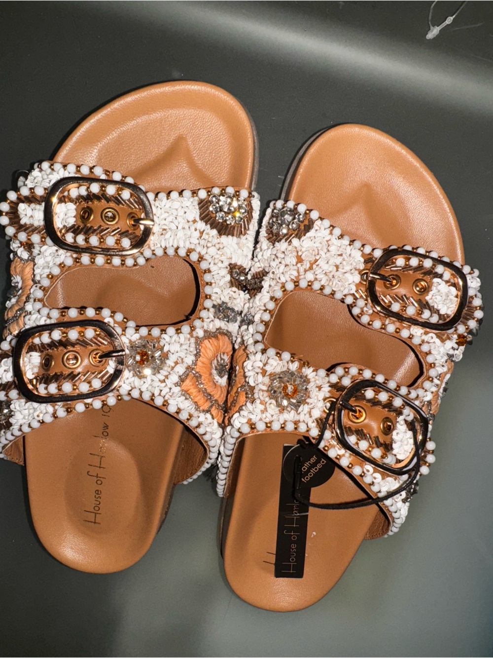 House of Harlow 1960 White Beaded & Tan Floral Buckle Slide Sandals
